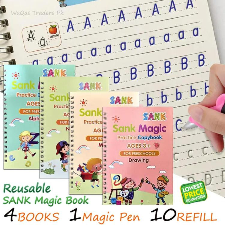 Pack Of 4 Sank Magic Book Practice | Tracing Handwriting First Pre-school Baby Learning Books For Kids (books + Magic Pen With 10 Ink Refills)