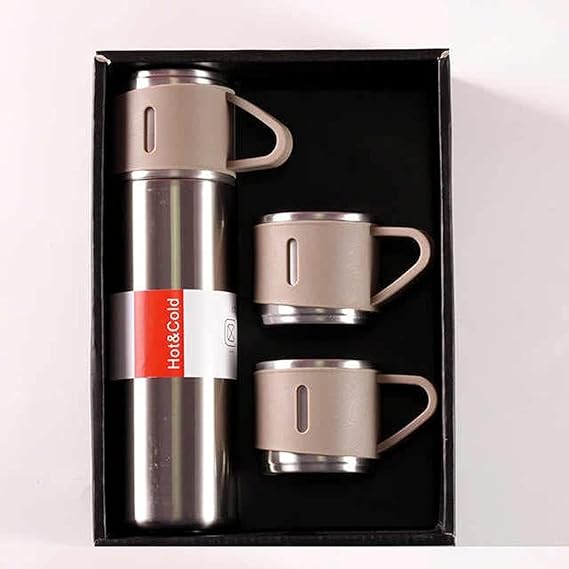 H-409 Vacuum Flask Gift Set With 3 Stainless Steel Cups Combo – 500ml – Keeps Hot/cold (random Color)